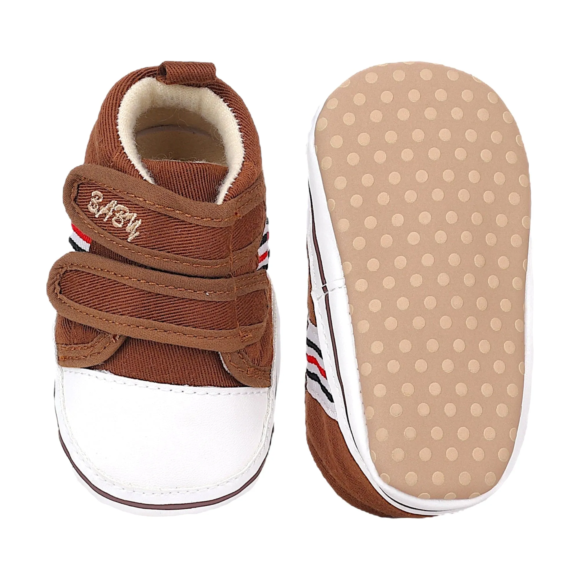 Baby Moo Stylish Velcro Strap Anti-Skid Canvas Sneakers - Brown, White