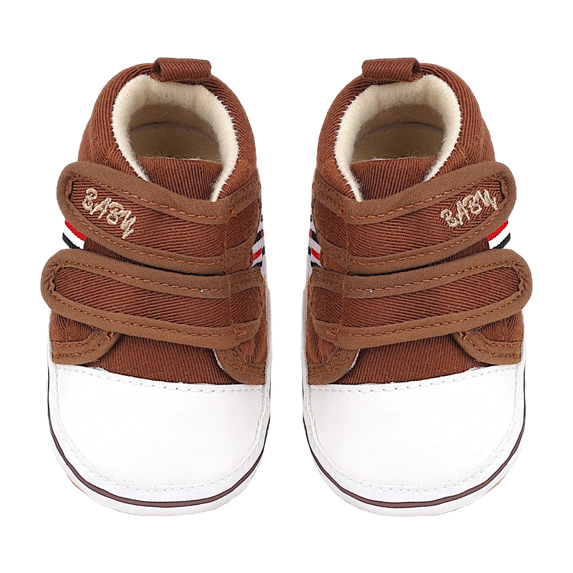 Baby Moo Stylish Velcro Strap Anti-Skid Canvas Sneakers - Brown, White