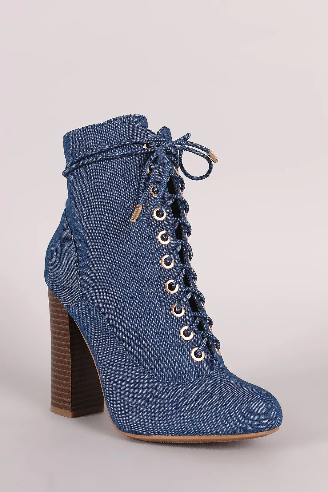 Bamboo Denim Lace Up Chunky Heeled Ankle Boots