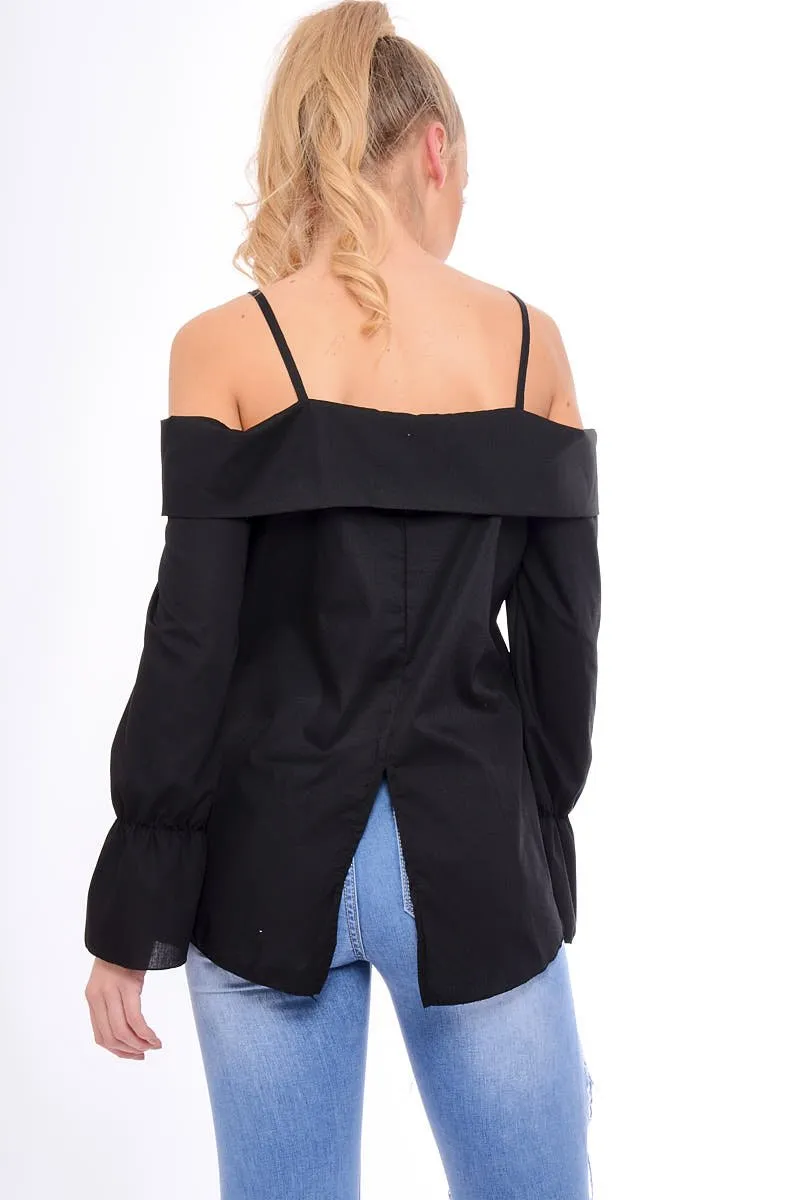 Black Bardot Strappy Bell Sleeve Top - Kandice