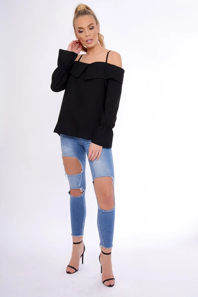 Black Bardot Strappy Bell Sleeve Top - Kandice