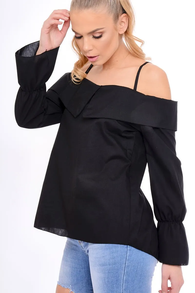 Black Bardot Strappy Bell Sleeve Top - Kandice