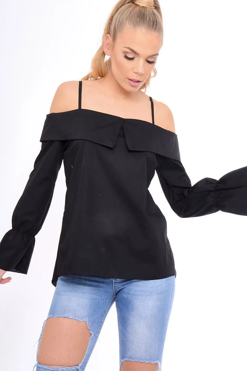 Black Bardot Strappy Bell Sleeve Top - Kandice