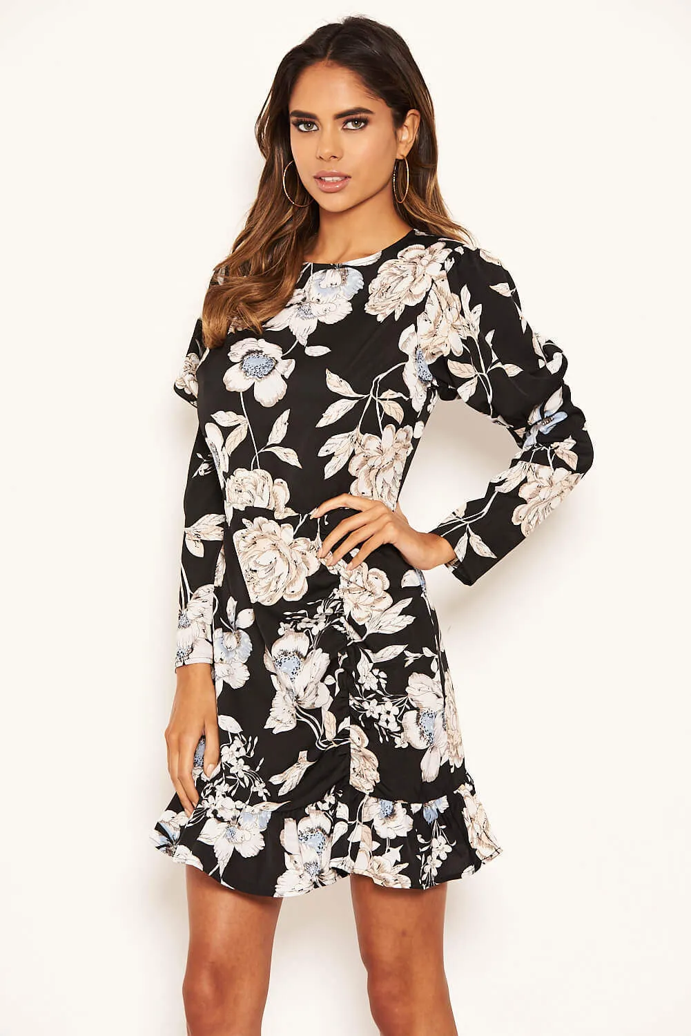 Black Floral Print Long Puff Sleeve Dress