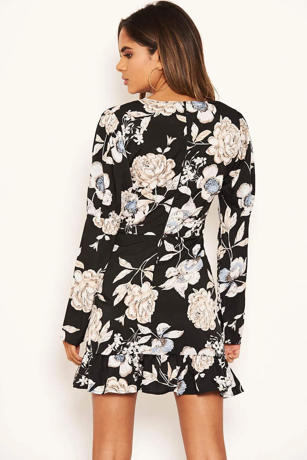 Black Floral Print Long Puff Sleeve Dress