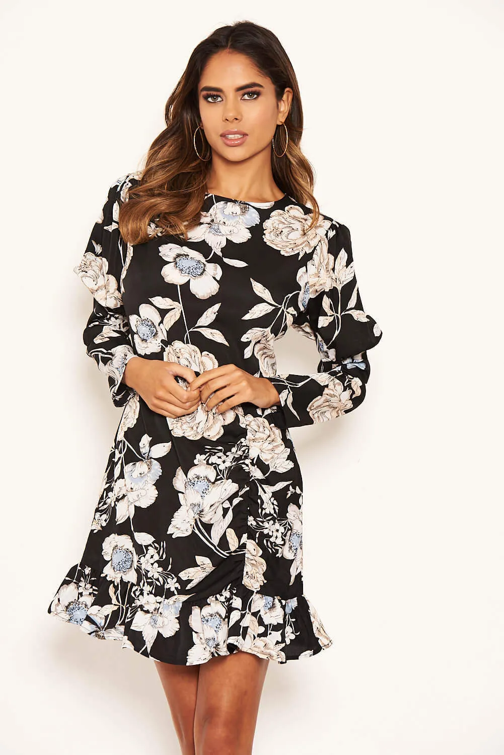 Black Floral Print Long Puff Sleeve Dress