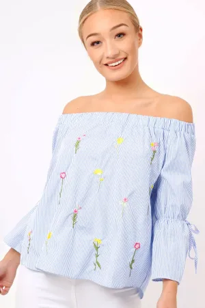 Blue Stripe Floral Embroidered Off Shoulder Top - CeCe