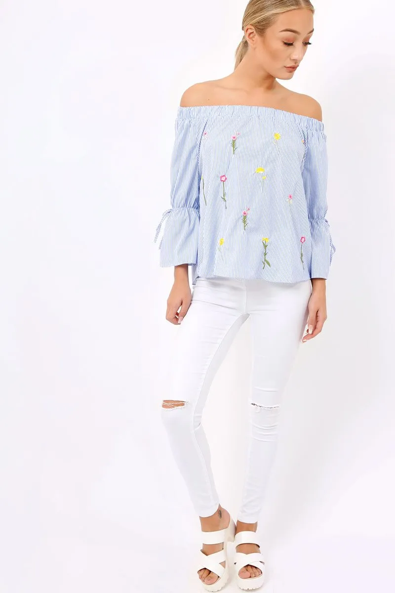 Blue Stripe Floral Embroidered Off Shoulder Top - CeCe