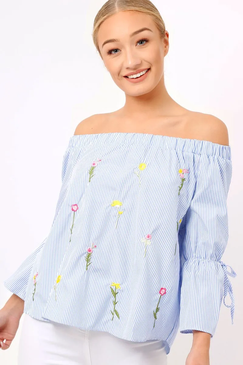 Blue Stripe Floral Embroidered Off Shoulder Top - CeCe