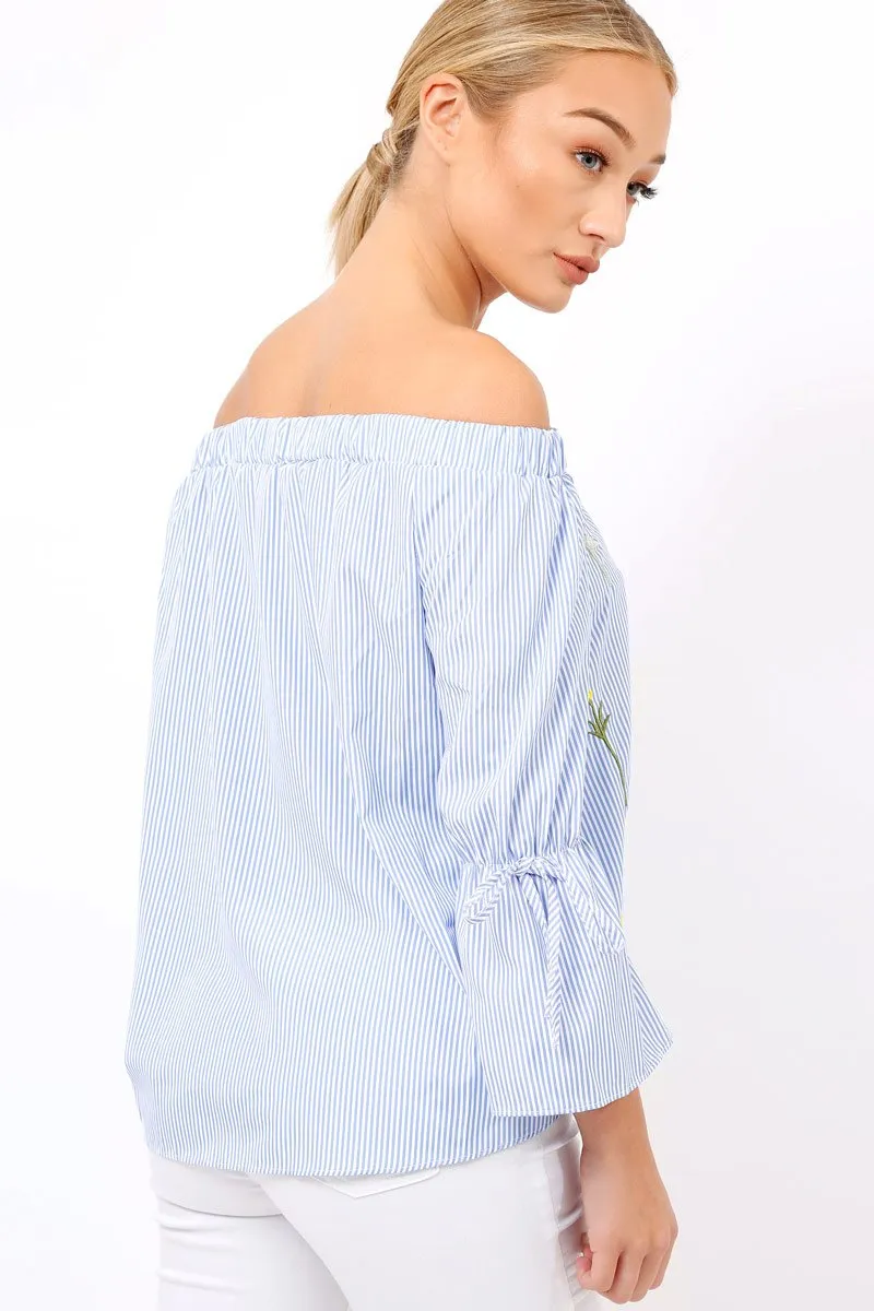 Blue Stripe Floral Embroidered Off Shoulder Top - CeCe