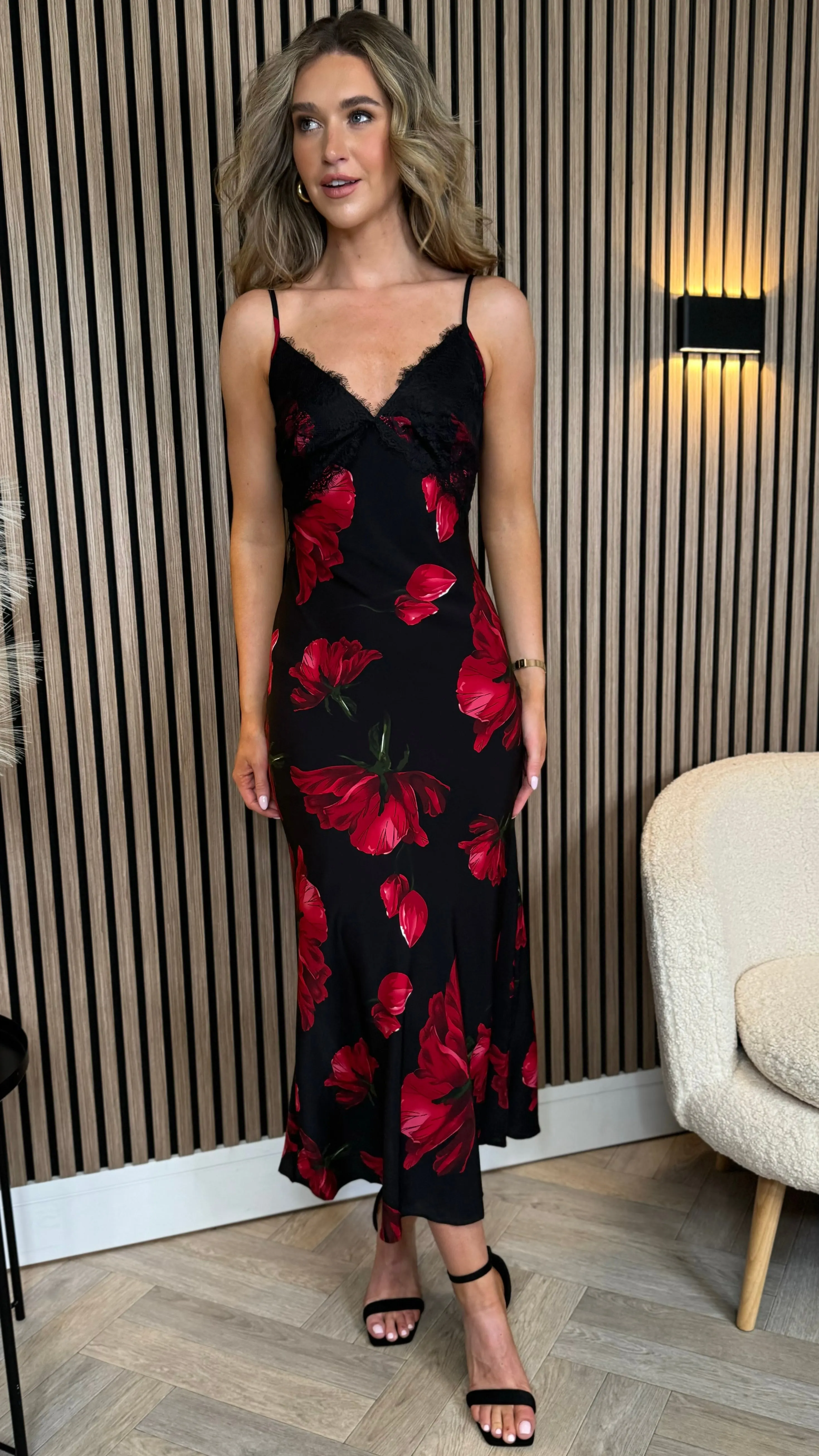 Bobbi Red Floral Slip Dress With Black Lace