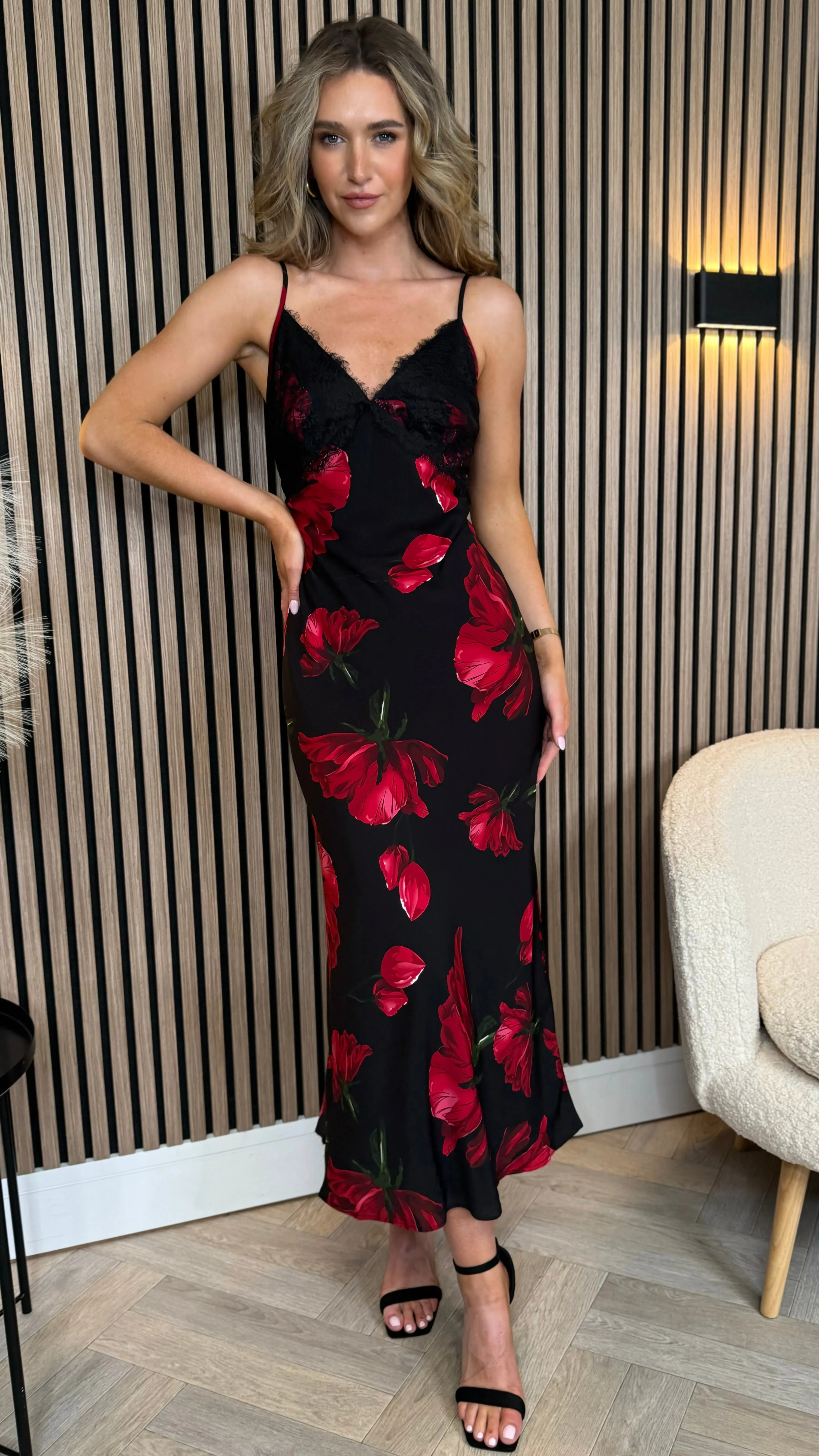 Bobbi Red Floral Slip Dress With Black Lace