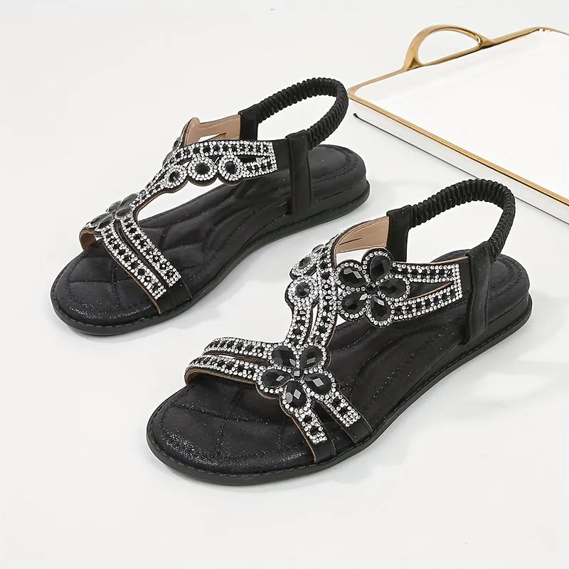 Boho-Chic Rhinestone-Embellished Flat Sandals - Elastic Slip-On Comfort for Casual Summer Days by the Beach