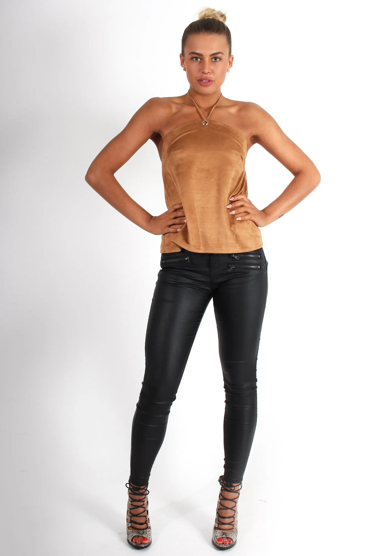 Cece Tan Suede Halter Neck Top