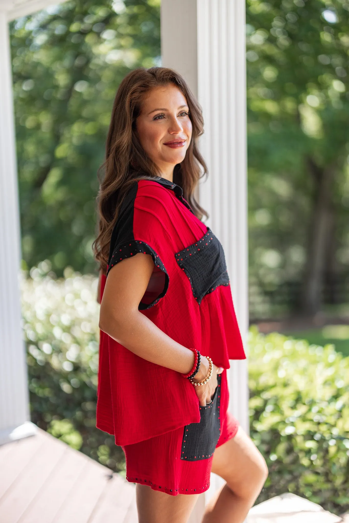 Colorblock Glam Red Rhinestone Top