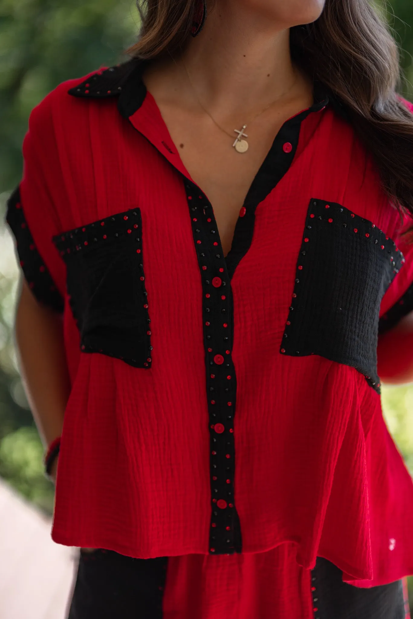 Colorblock Glam Red Rhinestone Top