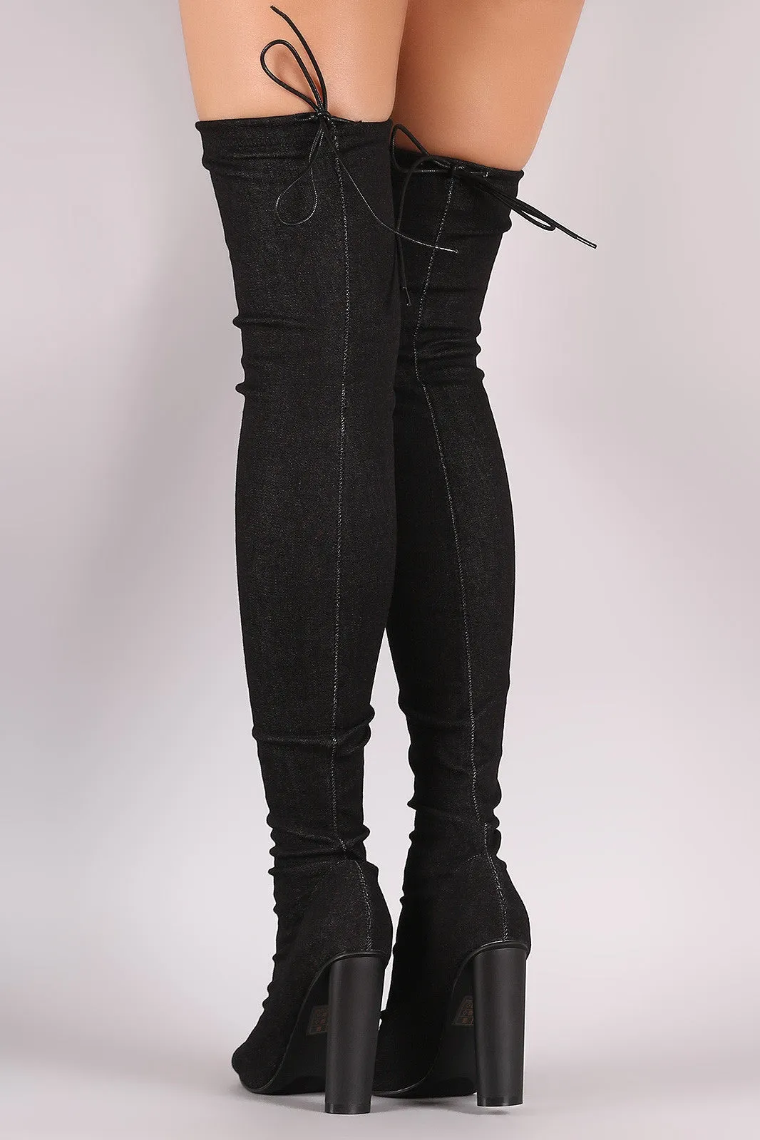 Drawstring Collar Heeled Over-The-Knee Fitted Denim Boots