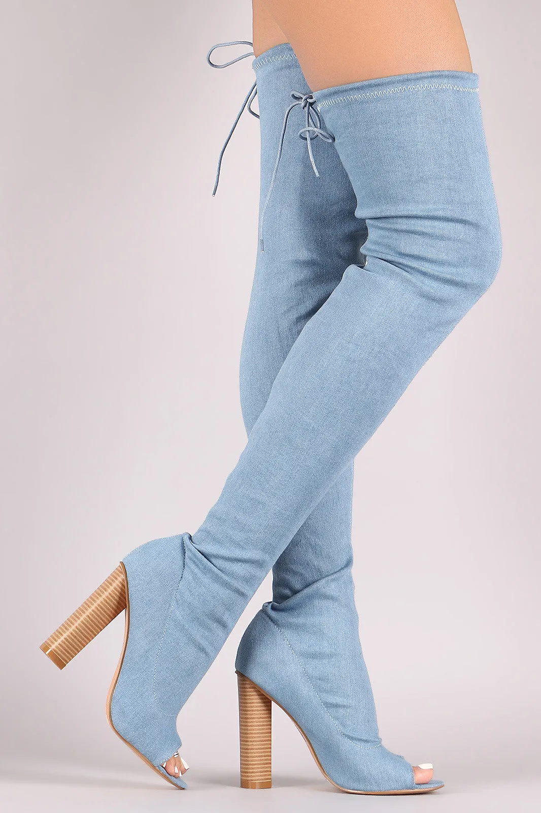 Drawstring Collar Heeled Over-The-Knee Fitted Denim Boots