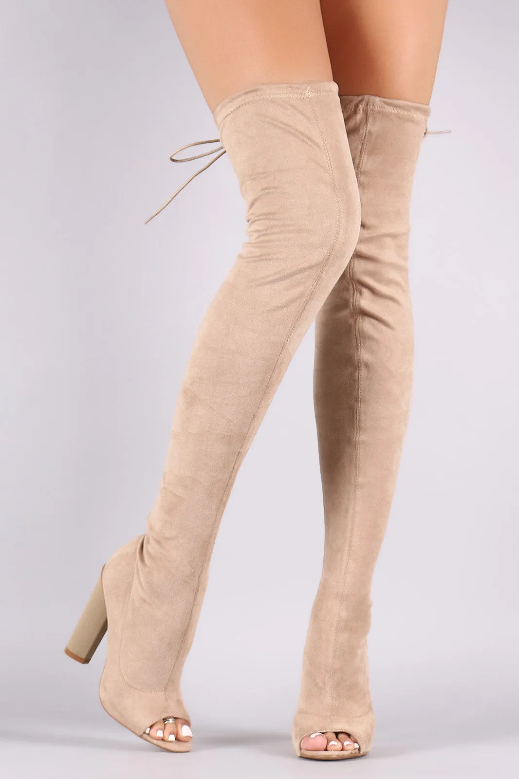 Drawstring Collar Heeled Over-The-Knee Fitted Suede Boots