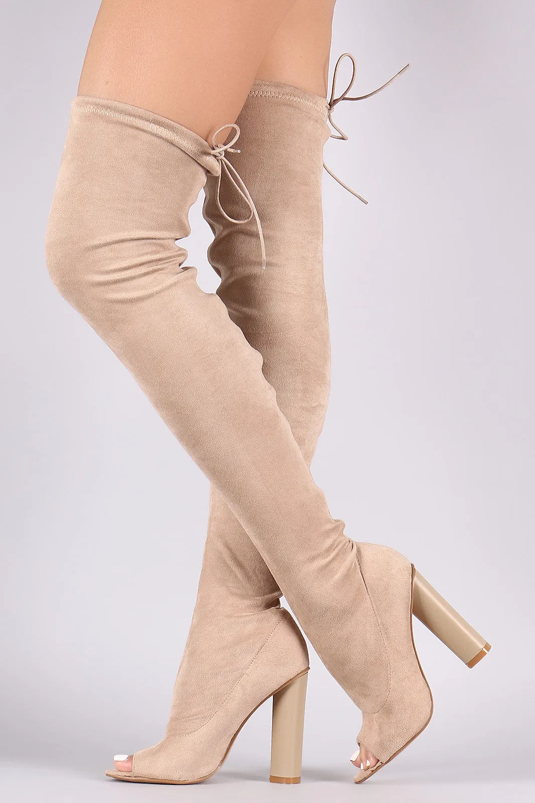 Drawstring Collar Heeled Over-The-Knee Fitted Suede Boots