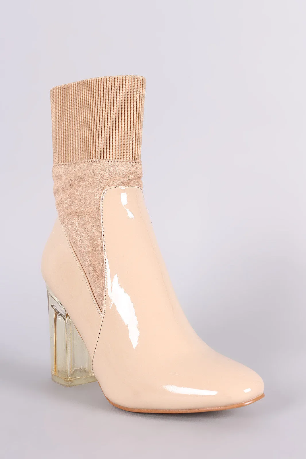 Elasticized Cuff Chunky Lucite Heeled Ankle Boots