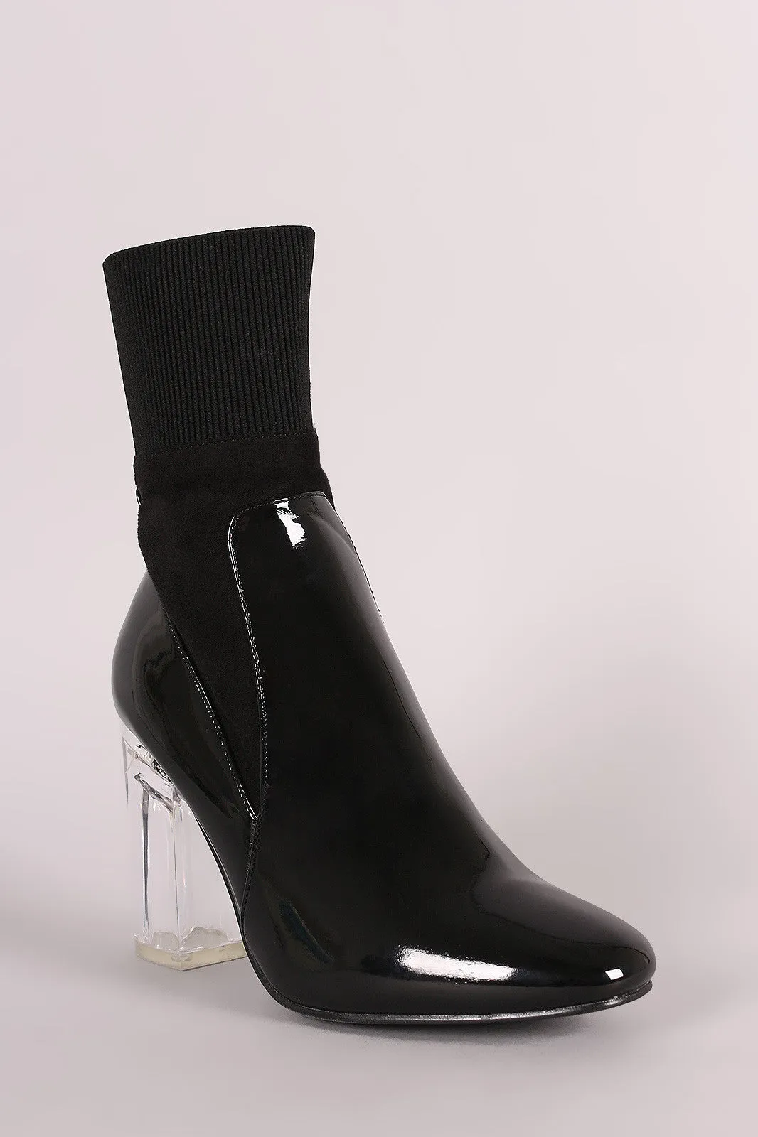 Elasticized Cuff Chunky Lucite Heeled Ankle Boots