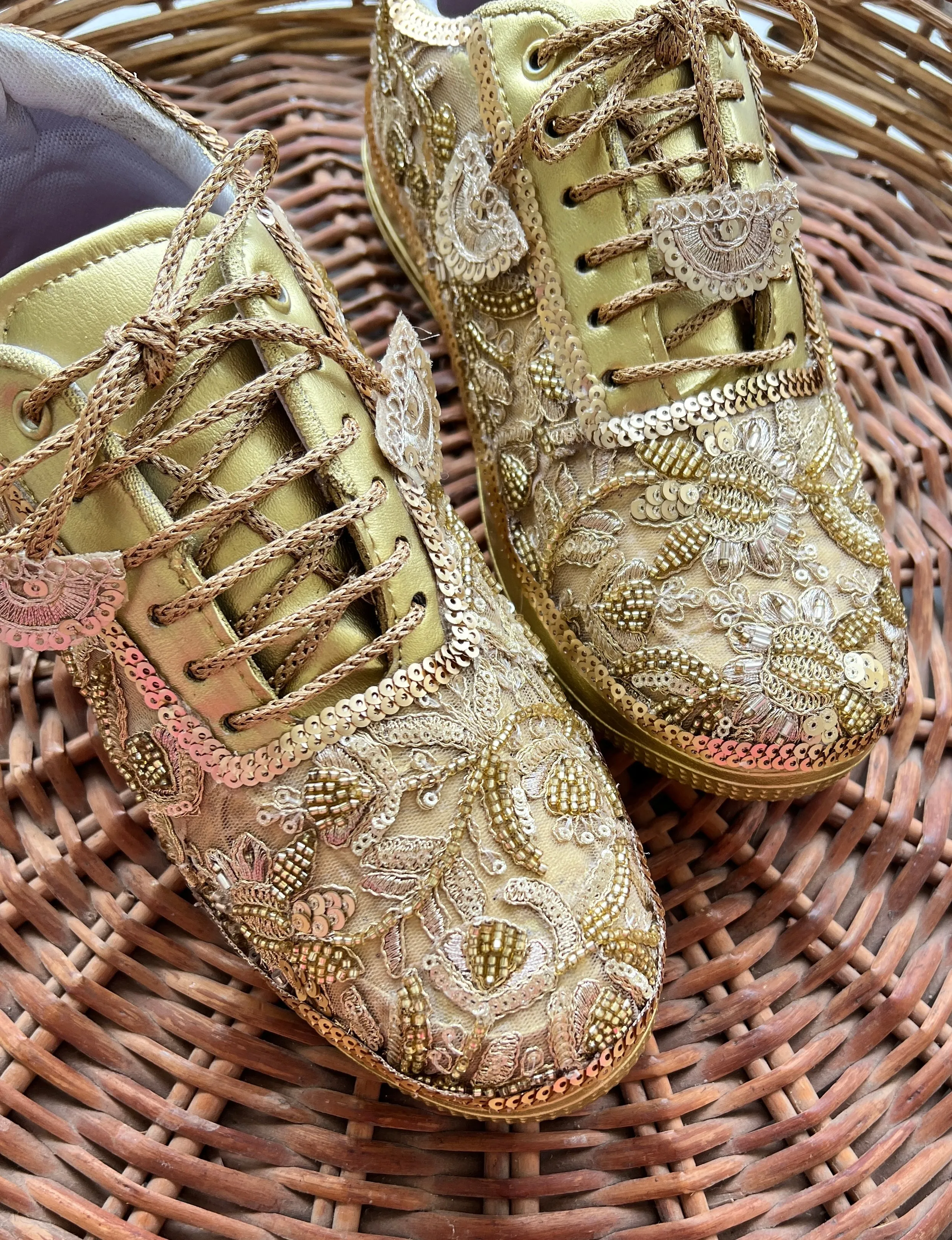 Funky N Trendy hand crafted golden bridal sneakers bridesmaid sneakers/ gold sneakers / golden sneakers / mirror sneakers/hand embroidered sneakers/ bride shoes / bridal sneakers /bridal shoes