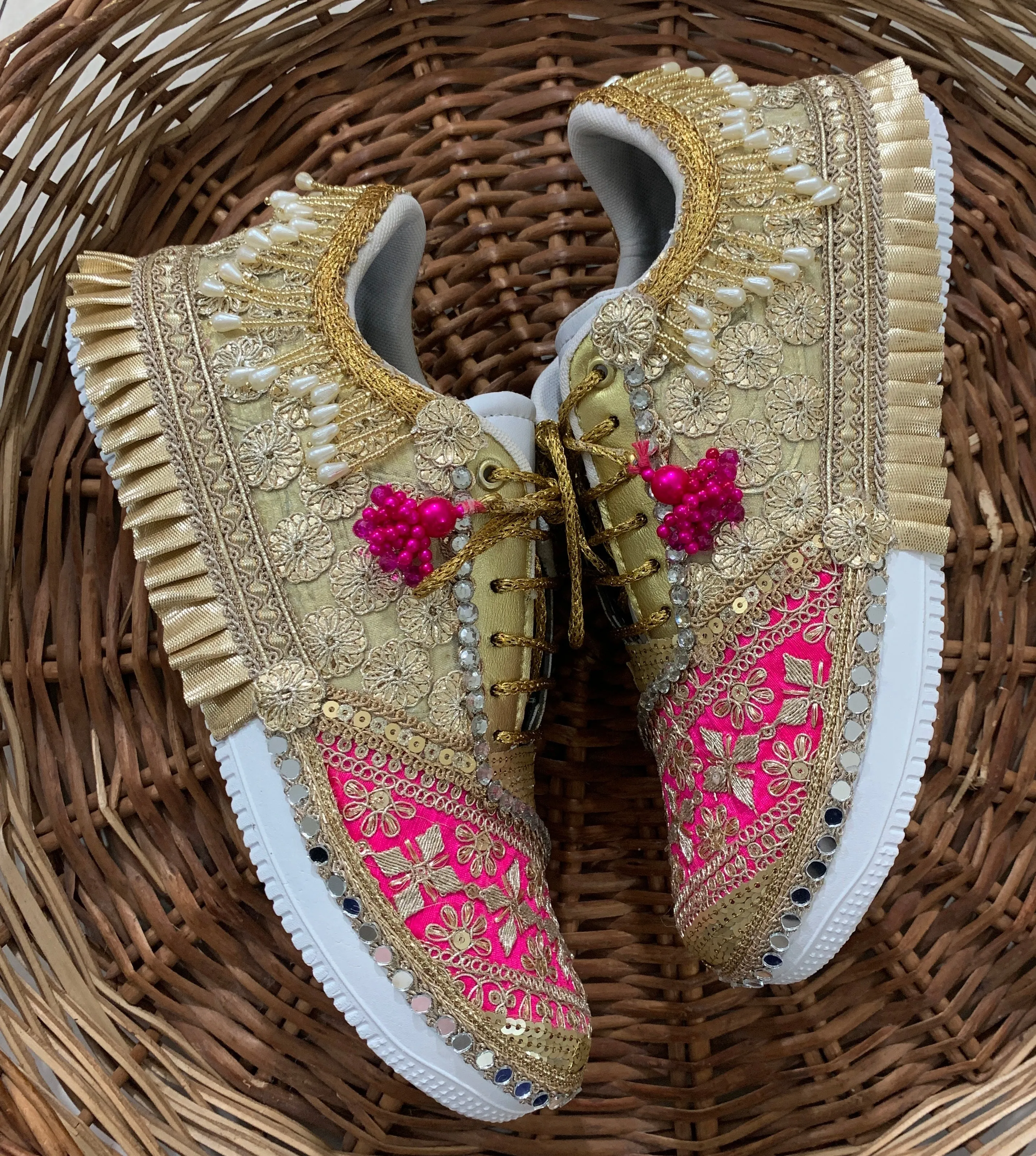 FUNKY N TRENDY hot pink sneakers with rhinestone detailing for brides /bridesmaids / sneakers for bridesmaids/ handcrafted sneakers/ sequine sneakers / bridal sneakers / bridesmaid sneakers/ pink sneakers / gold shoes/ rani pink sneakers