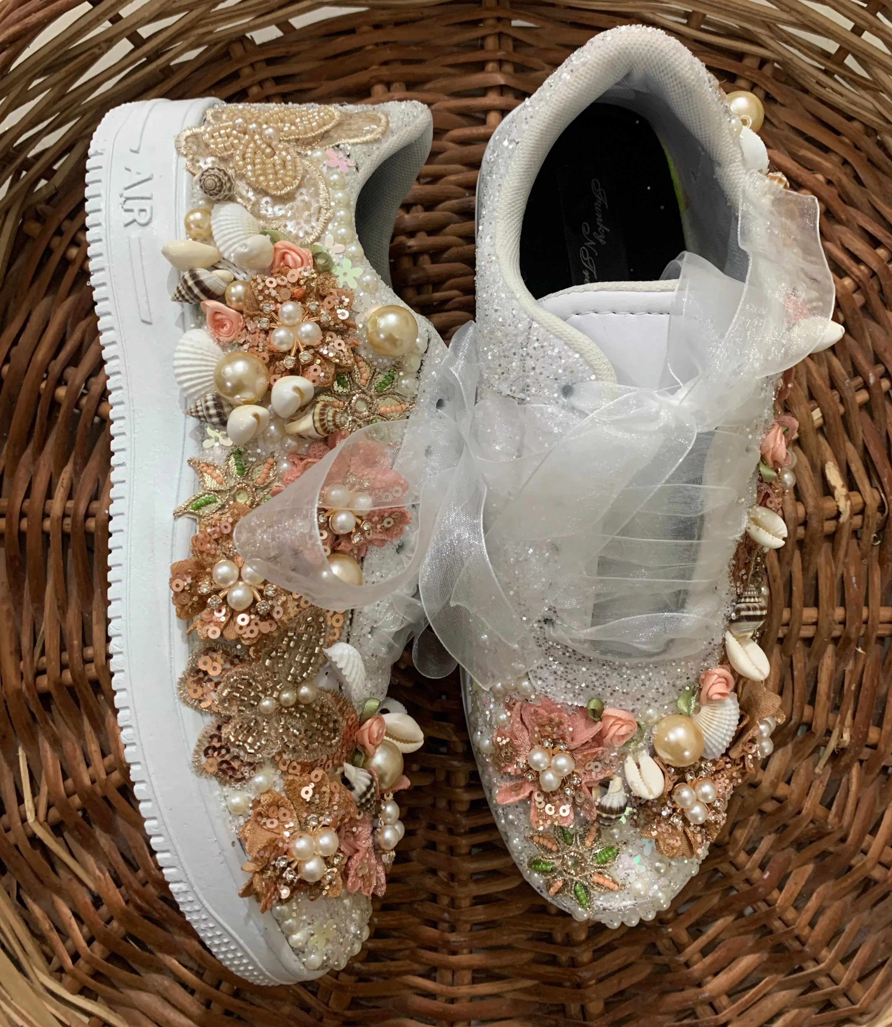 FUNKY N TRENDY peach/white floral butterfly theme sneakers with shells pearls detailing for brides / bridesmaids / bridal sneakers / bridesmaid sneakers / bridal shoes