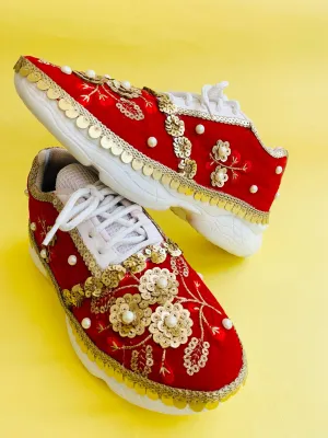 FUNKY N TRENDY Red sneakers for brides /bridesmaids / sneakers for bridesmaids/ handcrafted sneakers/ red sneakers / bridal sneakers / bridesmaid sneakers/ gold sneakers / red shoes/embroidered shoes