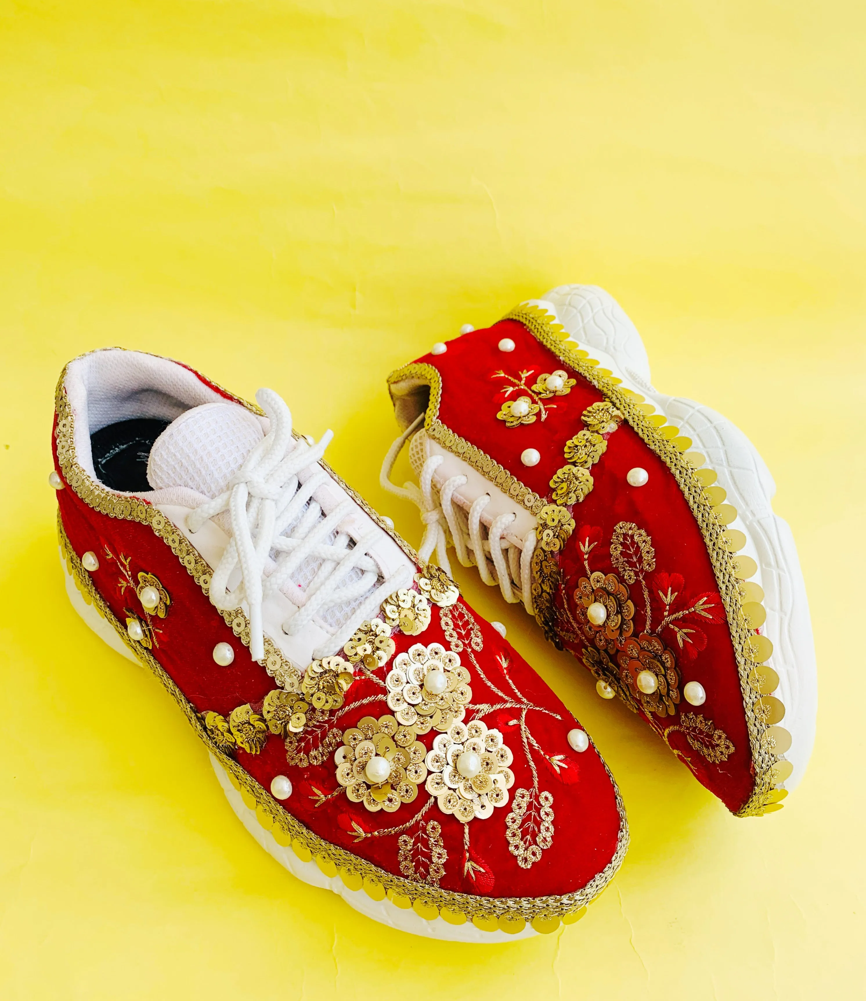 FUNKY N TRENDY Red sneakers for brides /bridesmaids / sneakers for bridesmaids/ handcrafted sneakers/ red sneakers / bridal sneakers / bridesmaid sneakers/ gold sneakers / red shoes/embroidered shoes