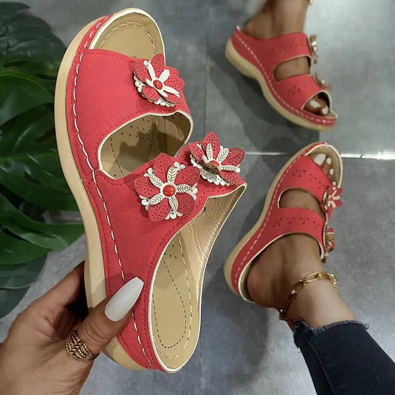 Handmade vintage flowers comfortable flat bottom sandals