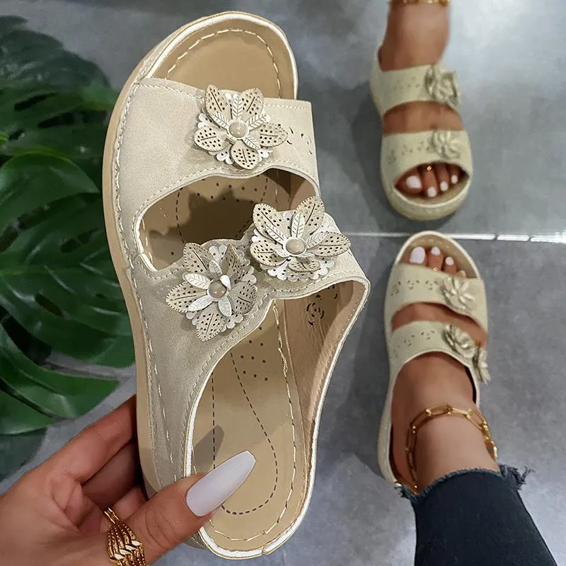 Handmade vintage flowers comfortable flat bottom sandals