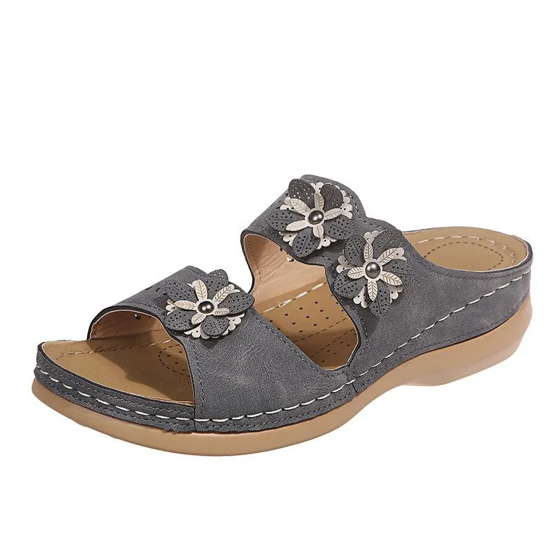 Handmade vintage flowers comfortable flat bottom sandals