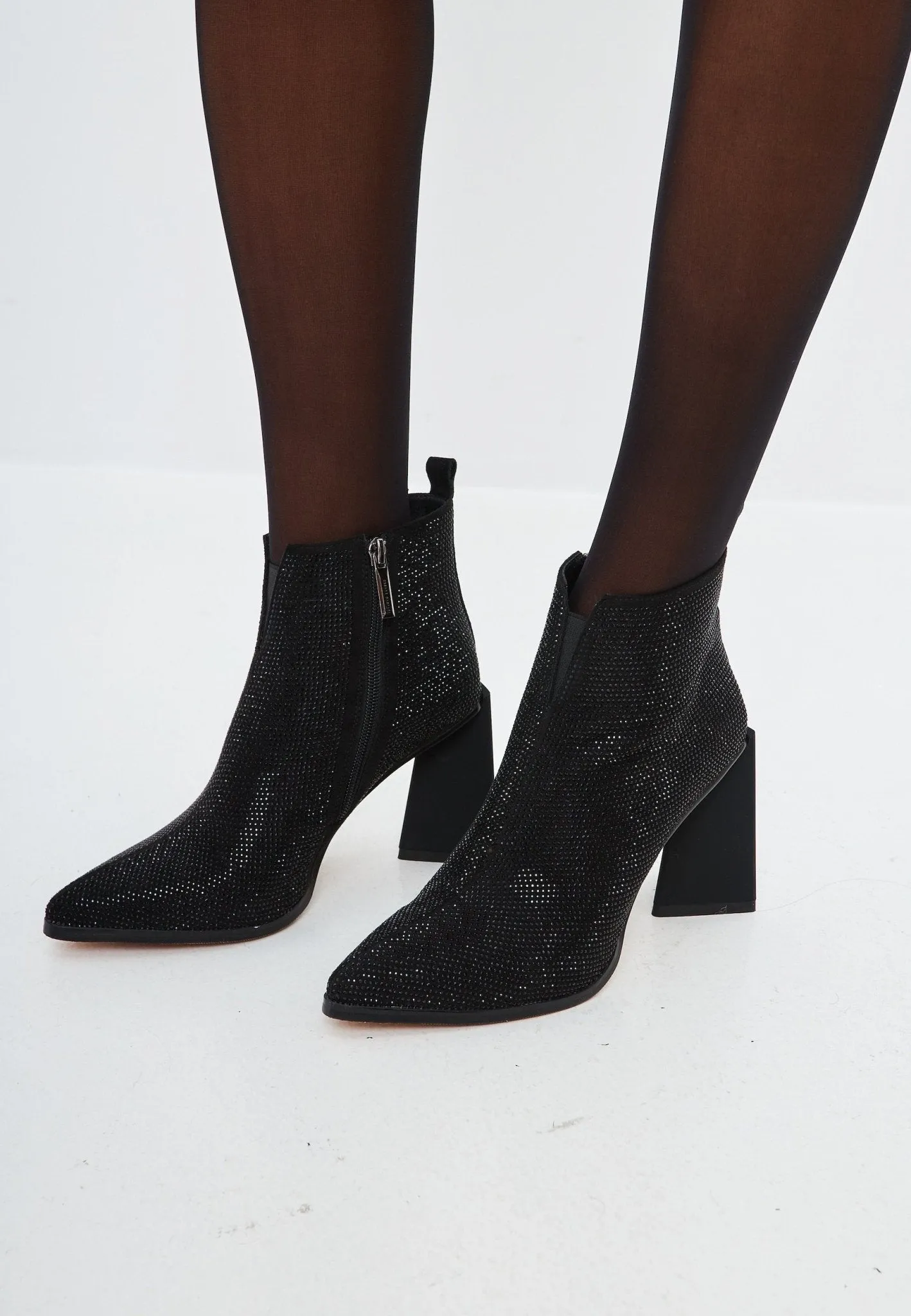 Pointed Toe Block Heel Ankle Boots - Stylish Leather Booties- Black Suede