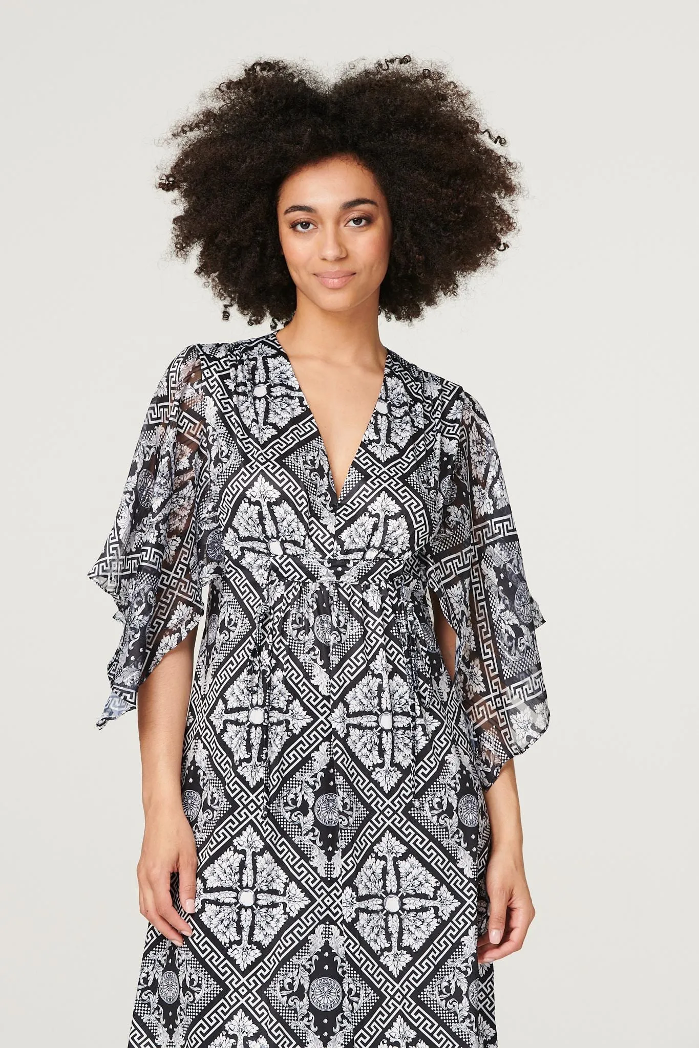 Printed Flare Sleeve Midi Dress