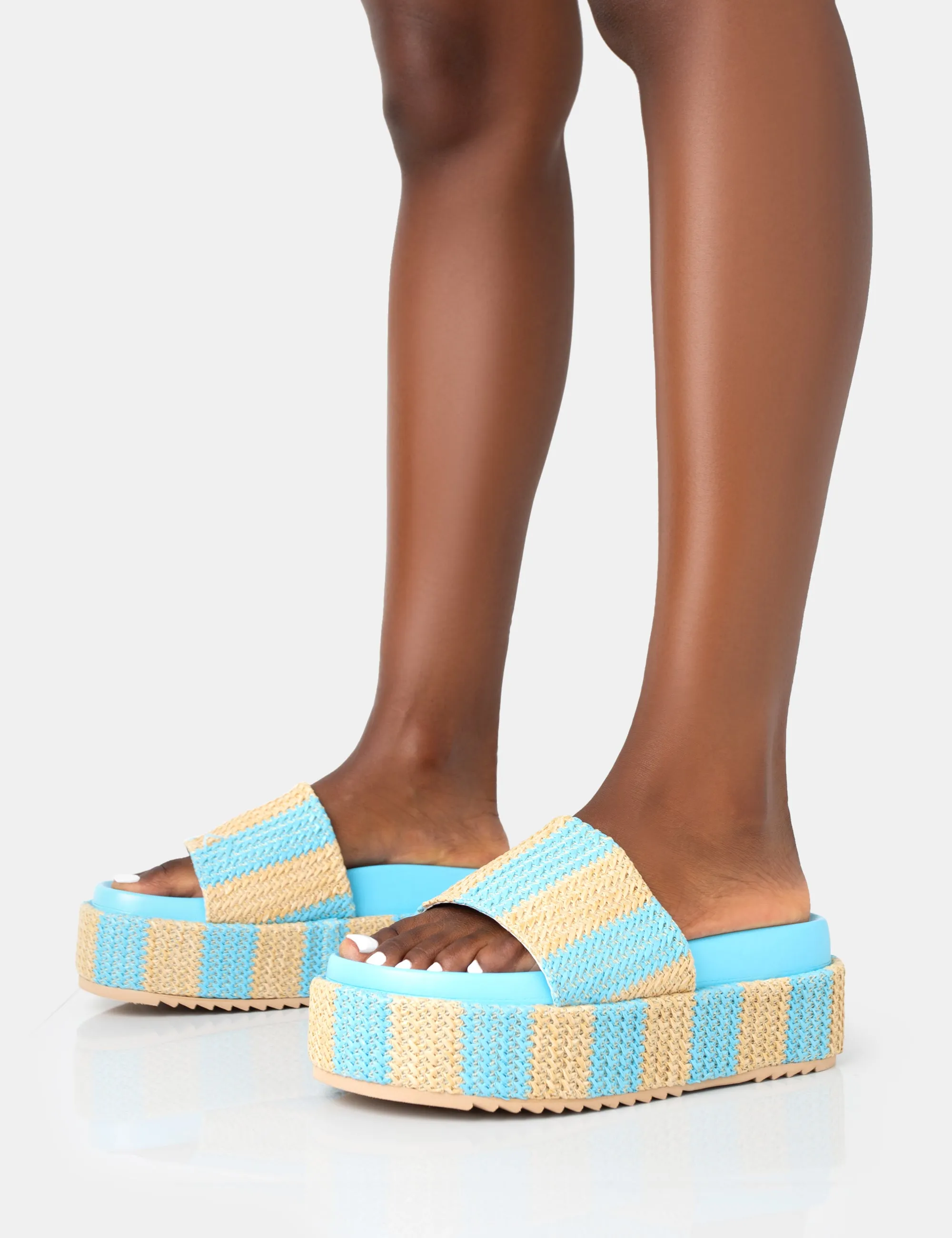 Seashore Blue Stripe Raffia Slider Flatform Sandals