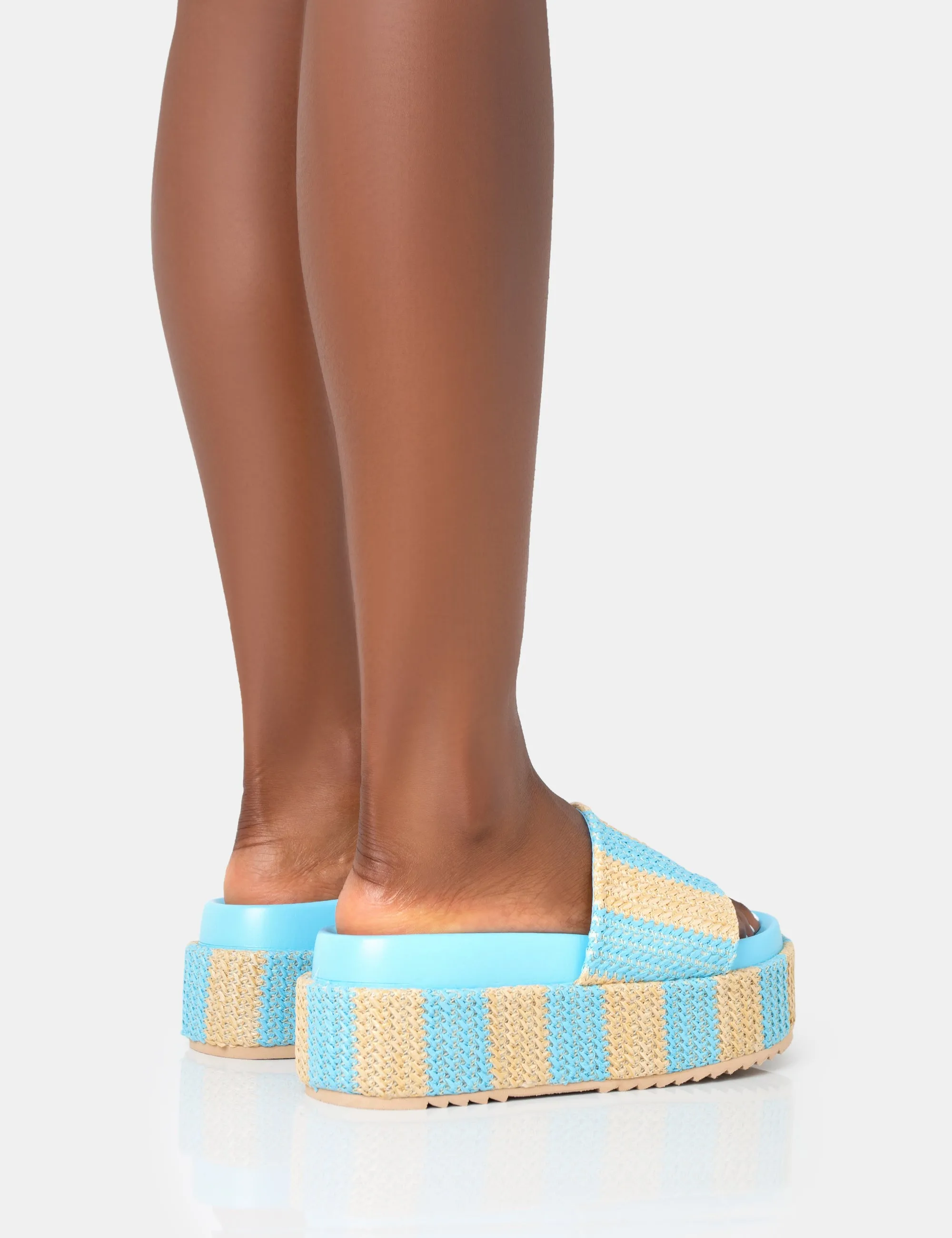 Seashore Blue Stripe Raffia Slider Flatform Sandals