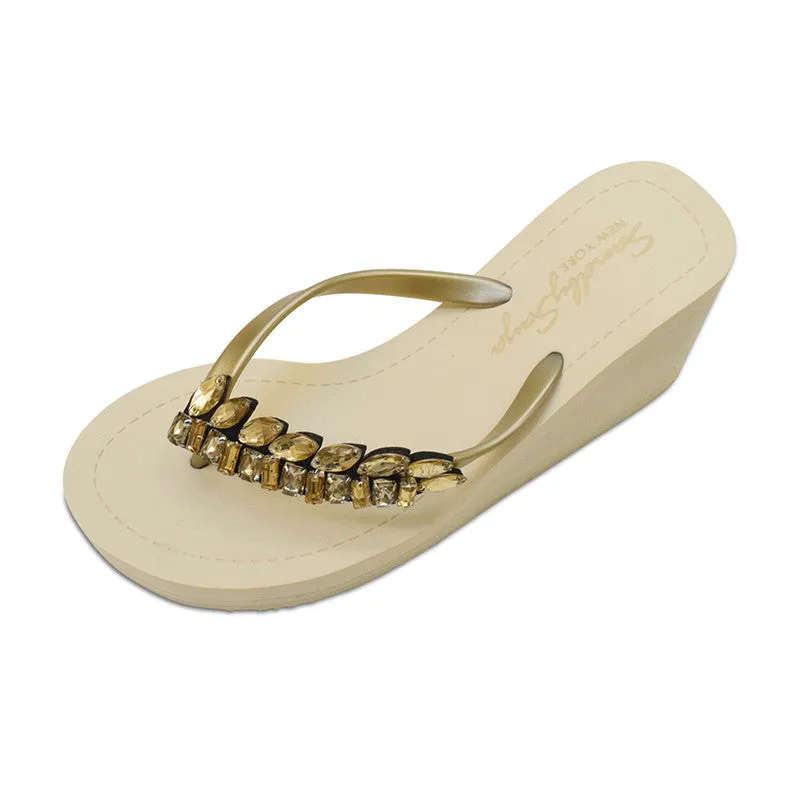 Smith - Gold Rhine Stone Embellished Women's High Wedge Flip Flops Sandal