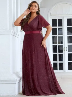 Sparkling Short Sleeve V-Neck Ribbon Waist Plus Size Evening Dress