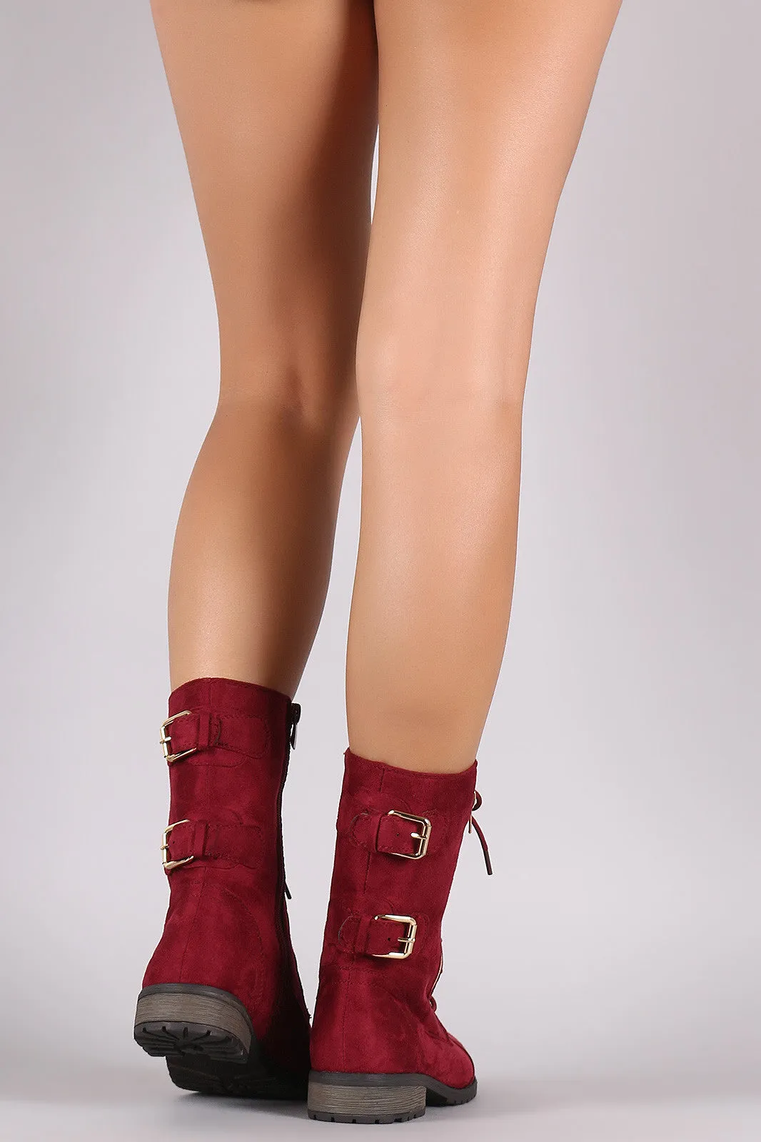 Suede Buckled Zipper Combat Lace Up Boots