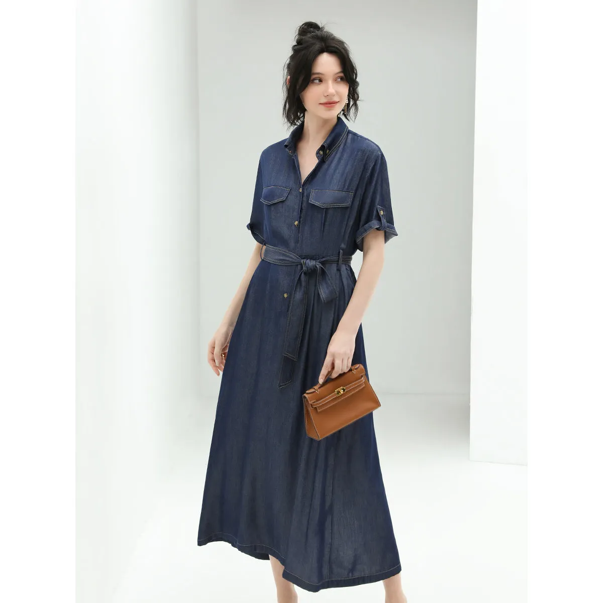 Utilitarian Belted Crêpe Navy Denim Shirt Dress