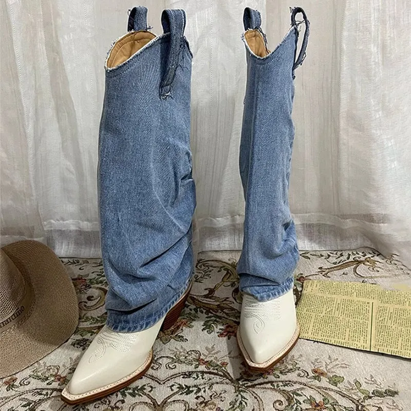 Wide-Shaft Wedge Leather Boots Foldover Western Boots Blue & Off-White Mid Cowboy Boots