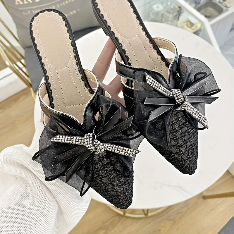 Womens Bow Accent Flat Mules - Chic Slip-On Pointed Toe Sandals - Comfortable Backless Summer Slides for Stylish Outfits