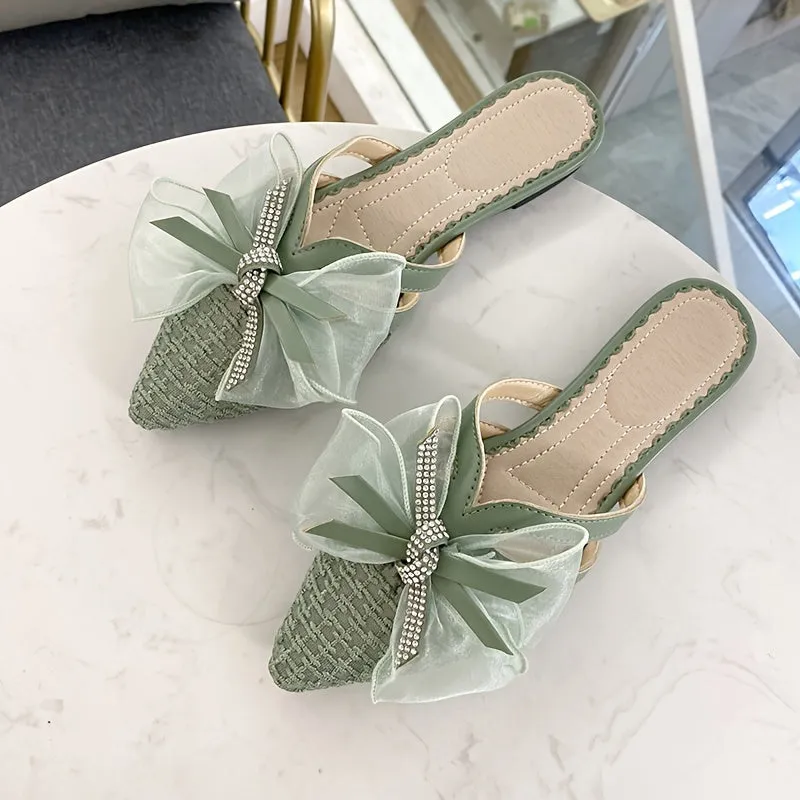 Womens Bow Accent Flat Mules - Chic Slip-On Pointed Toe Sandals - Comfortable Backless Summer Slides for Stylish Outfits