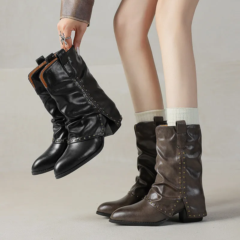 Women's Retro Leather Mid Calf Slouch Boots Mid Heel Folded Western Boots in Black/Brown