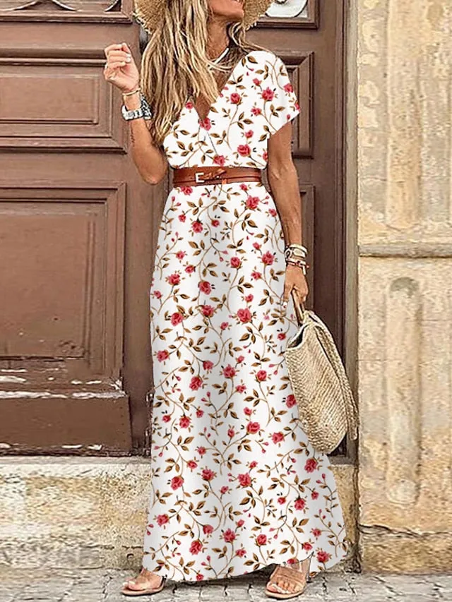 Women's Wrap Dress Maxi long Dress Red Brown Short Sleeve Floral Print Split Ruffle Boho Dress Spring Summer Dress V Neck Elegant Vintage 2023 S M L XL XXL 3XL