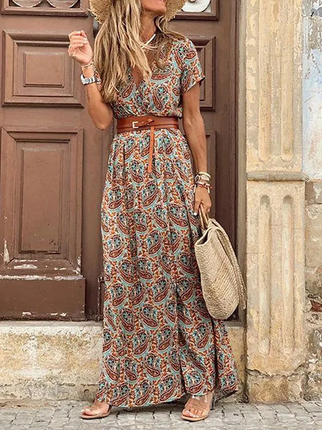 Women's Wrap Dress Maxi long Dress Red Brown Short Sleeve Floral Print Split Ruffle Boho Dress Spring Summer Dress V Neck Elegant Vintage 2023 S M L XL XXL 3XL