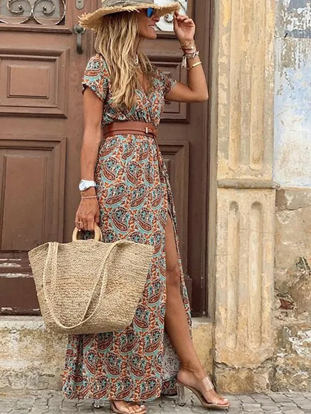 Women's Wrap Dress Maxi long Dress Red Brown Short Sleeve Floral Print Split Ruffle Boho Dress Spring Summer Dress V Neck Elegant Vintage 2023 S M L XL XXL 3XL